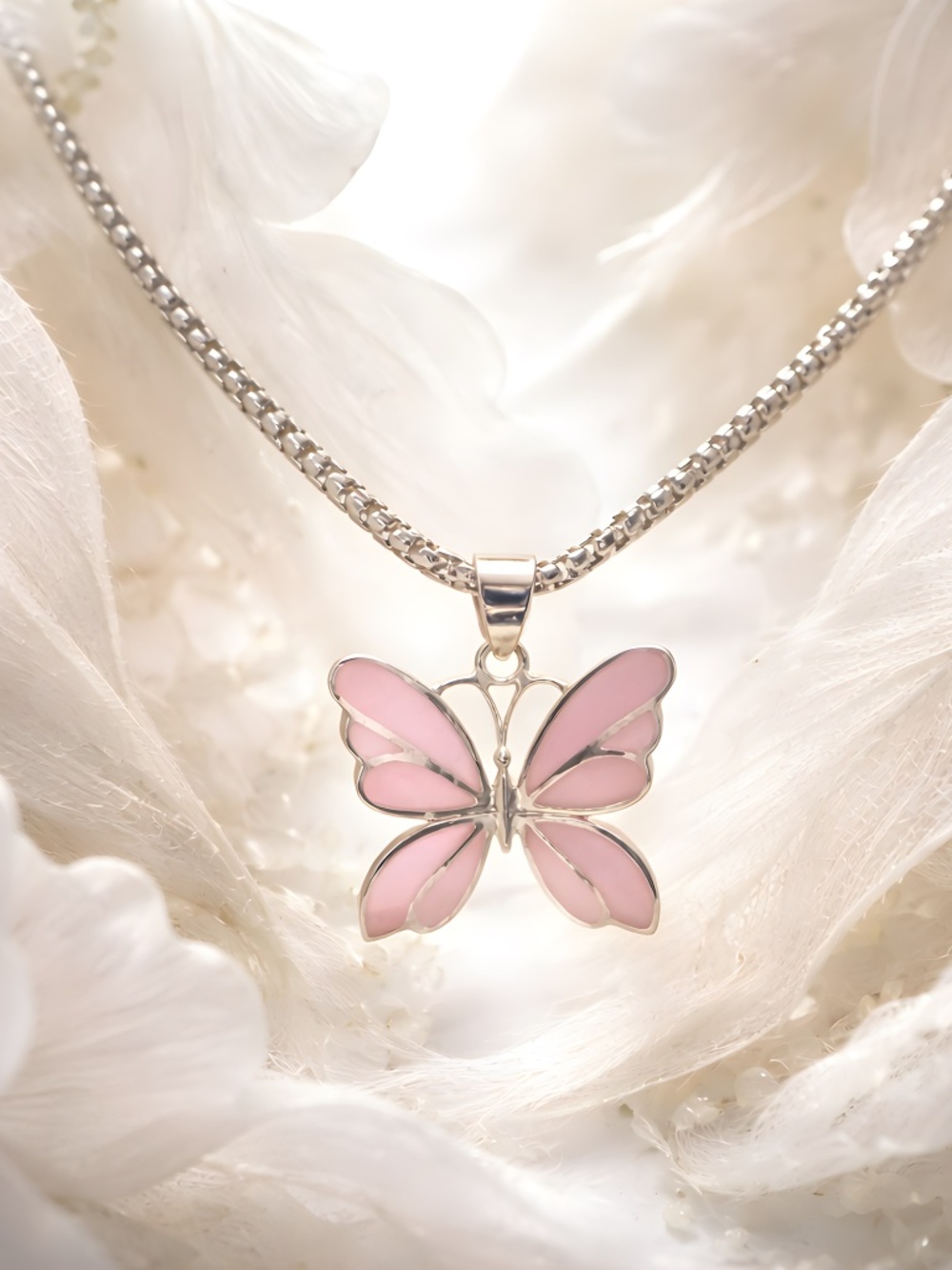 Charming Rose Quartz Pink Butterfly Pendant Necklace almost 9 inches long.